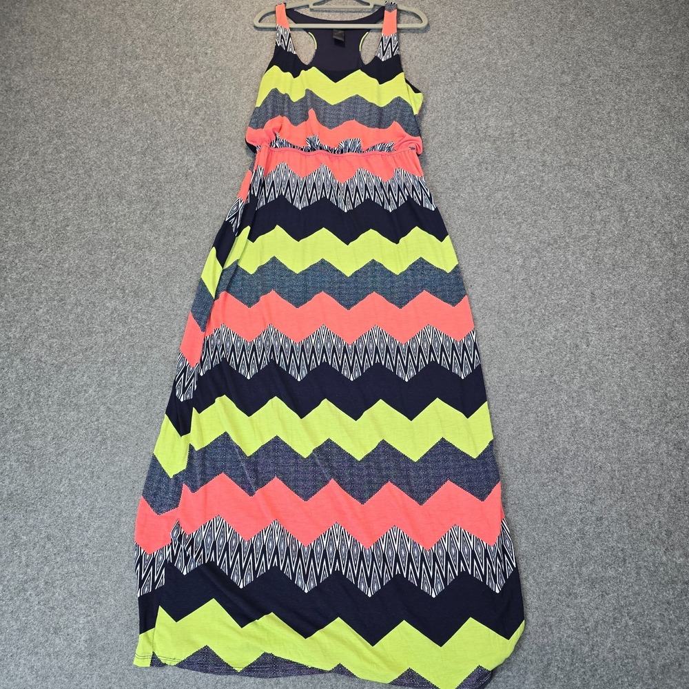Women Maxi Dress Large Multicolor Geometric Print Sleeveless Round Neck Pullover